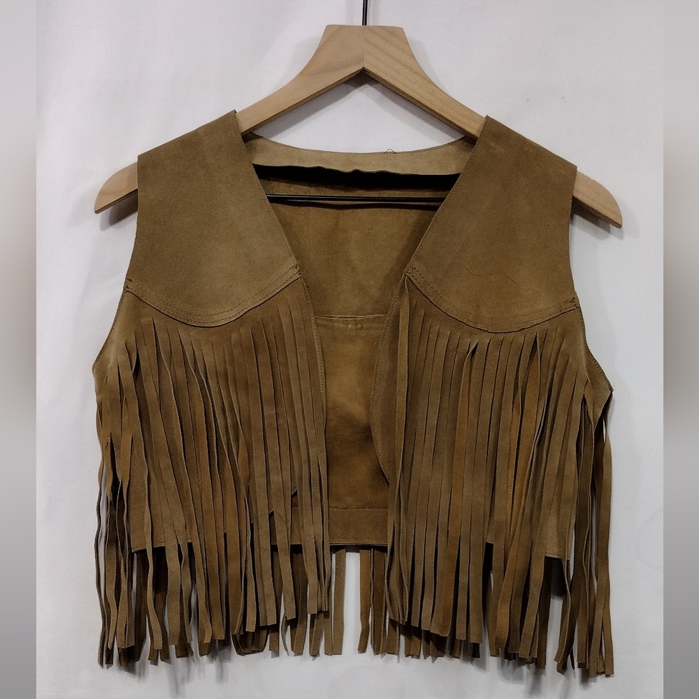 Ranna Modell Leather Fringe Vest Skirt Set Women's M Brown Boho Retro 90s Y2K